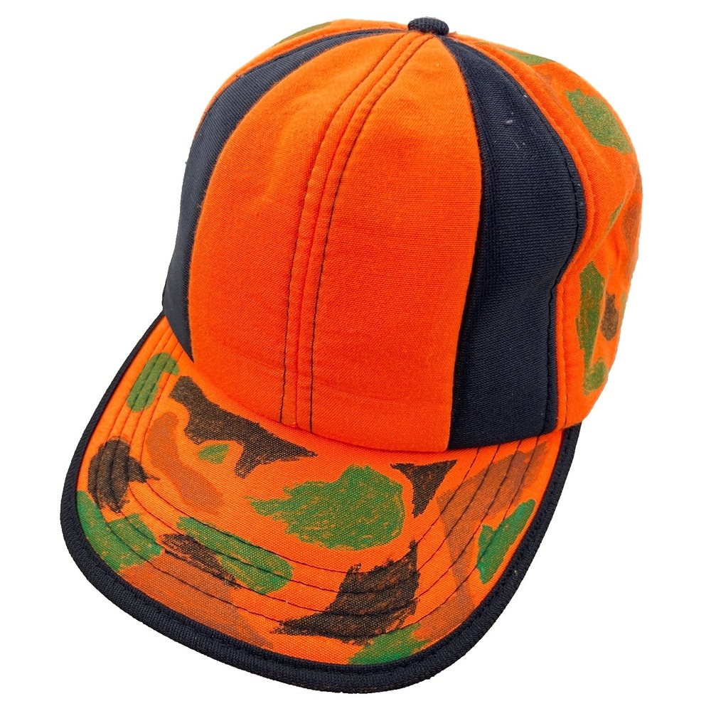 Vintage Blaze Orange Camo Trucker Hat Cap‎ Strap back Insulated 90s Y2K Hunting